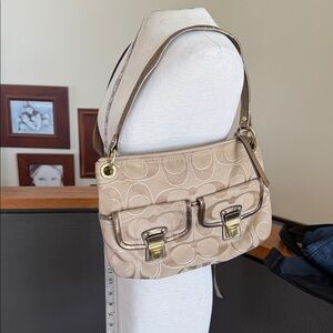 Coach Poppy Signature Sateen Hippie hobo shoulder bag a khaki and gold metallic